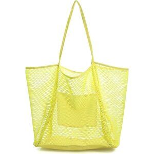 Women's Yellow Mesh Beach Nylon & Polyester No-closure Tote Shoulder Handbag